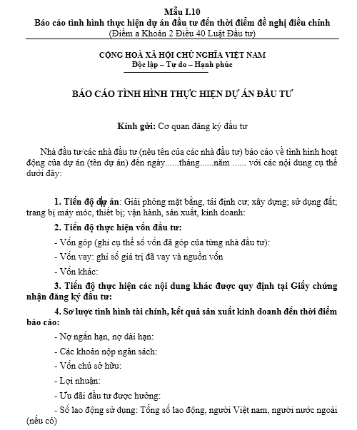 Mẫu báo cáo tình hình thực hiện dự án đầu tư