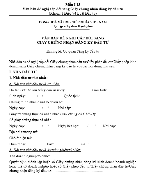 Mẫu văn bản đề nghị cấp đổi sang giấy chứng nhận đăng ký đầu tư