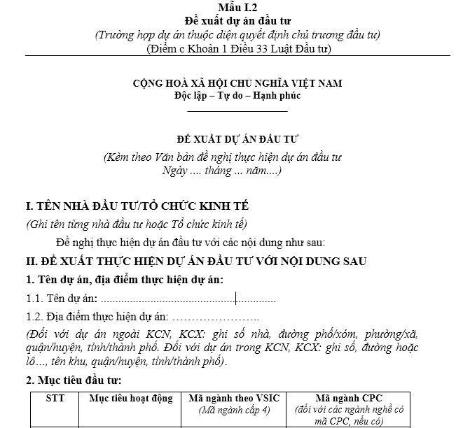 Mẫu đề xuất dự án đầu tư ban hành theo thông tư 16/2015/TT- BKHĐT