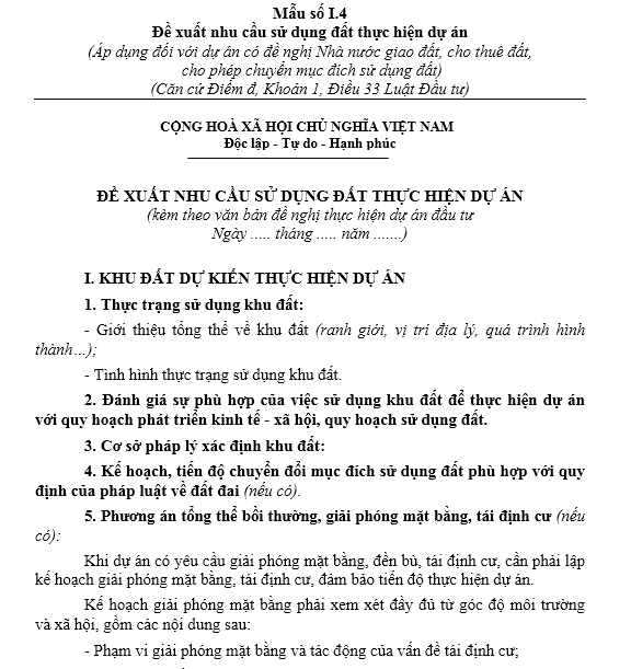 Mẫu đề xuất nhu cầu sử dụng đất thực hiện dự án
