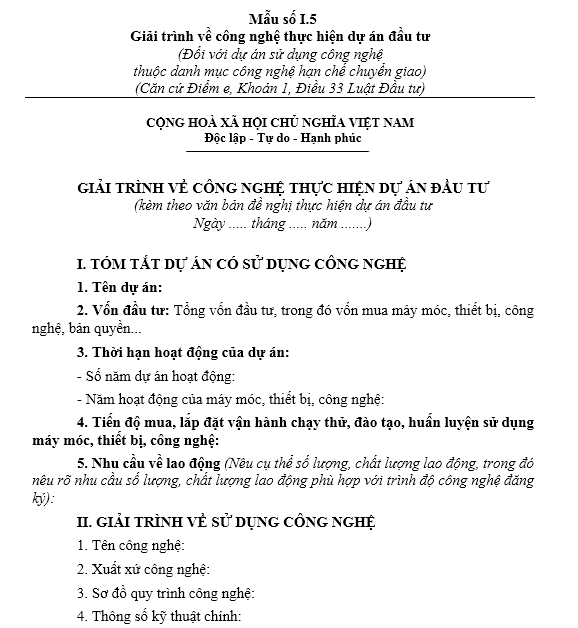 Mẫu giải trình về công nghệ thục hiện dự án đầu tư