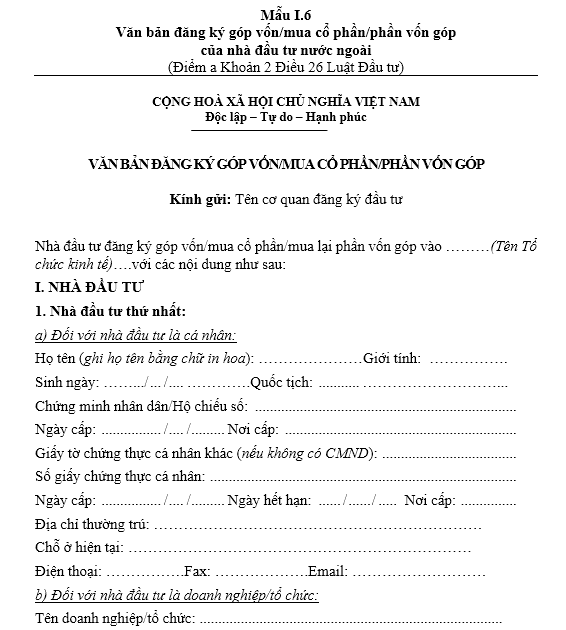 Mẫu văn bản đăng ký góp vốn/ mua cổ phần/ phần vốn góp
