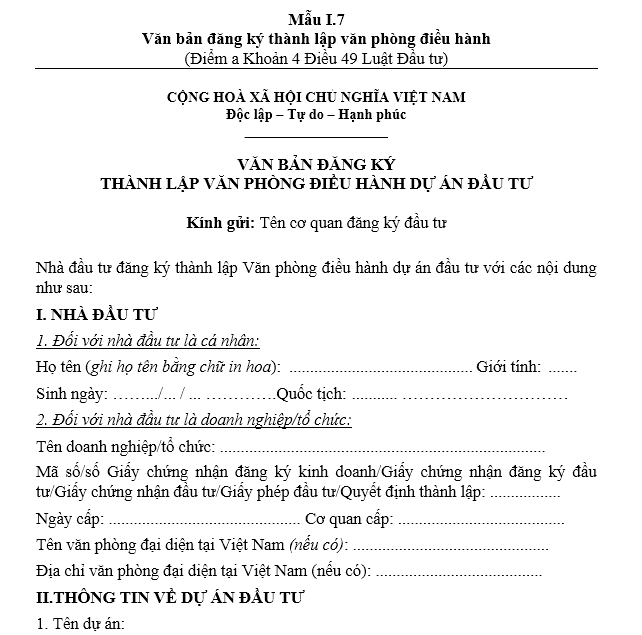 Mẫu văn bản đăng ký thành lập văn phòng điều hành dự án đầu tư