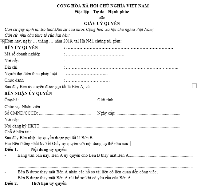 Mẫu giấy ủy quyền 2019 mới nhất dành cho các cá nhân, doanh nghiệp