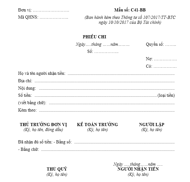 Mẫu phiếu chi ban hành kèm theo Thông tư số 107/2017/TT-BTC ngày 10/10/2017 của Bộ Tài chính