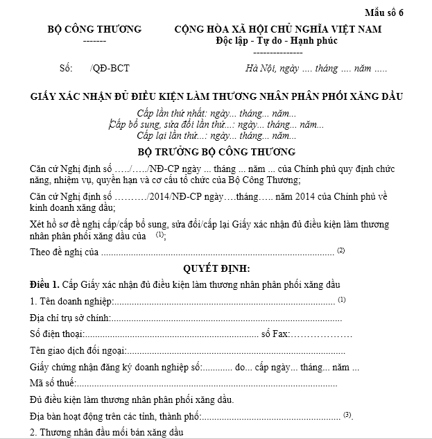 Mẫu giấy xác nhận đủ điều kiện làm thương nhân phân phối xăng dầu