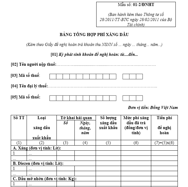 Mẫu bảng tồng hợp phí xăng dầu