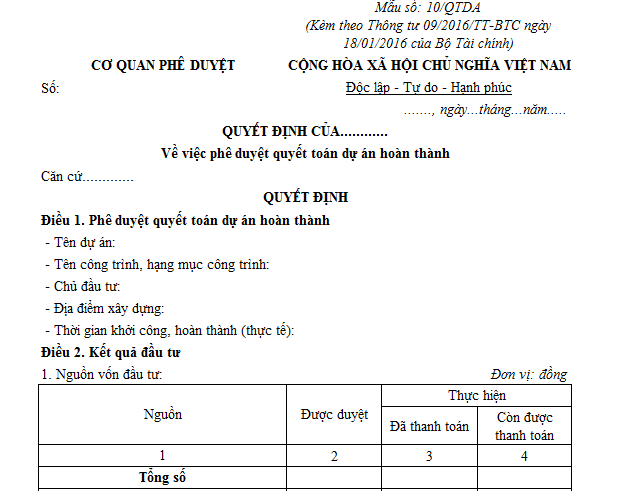 Mẫu quyết định về việc phê duyệt quyết toán dự án hoàn thành