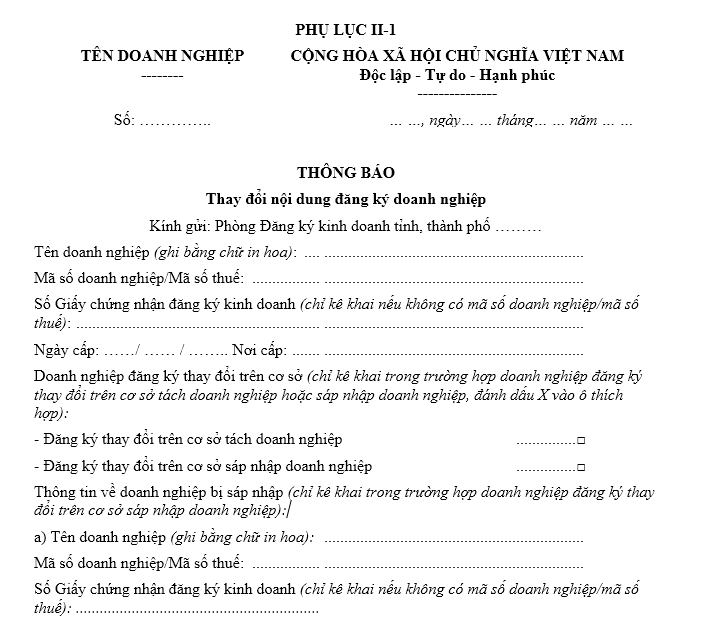 Mẫu thông báo thay đổi nội dung đăng ký doanh nghiệp
