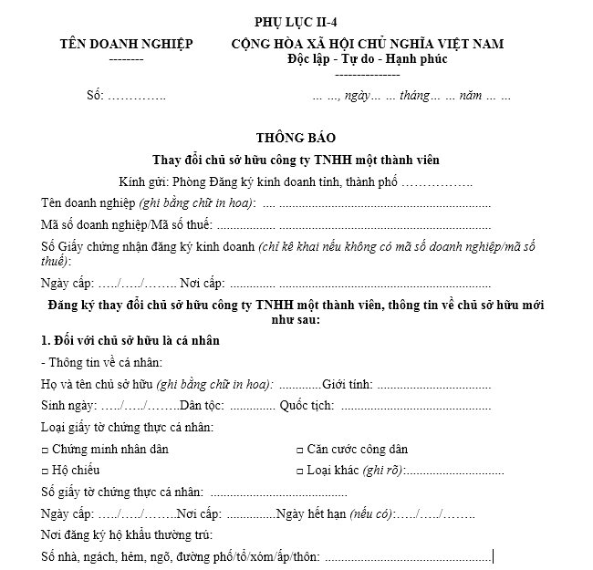Mẫu thông báo thay đổi chủ sở hữu công ty TNHH một thành viên