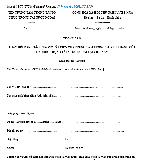Mẫu thay đổi danh sách trọng tài viên của trung tâm trọng tài/chi nhánh của tổ chức trọng tài nước ngoài tại Việt Nam ban hành kèm theo Thông tư số 12/2012/TT-BTP.