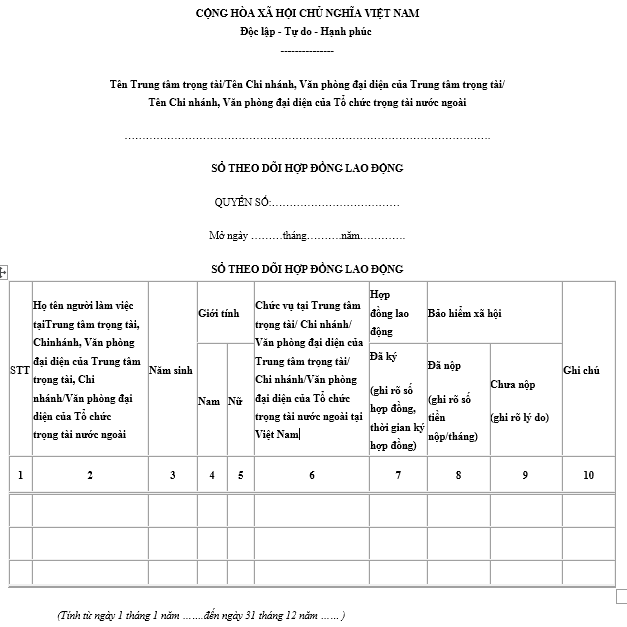 Mẫu theo dõi hợp đồng lao động ban hành kèm theo Thông tư số 12/TT-BTP.