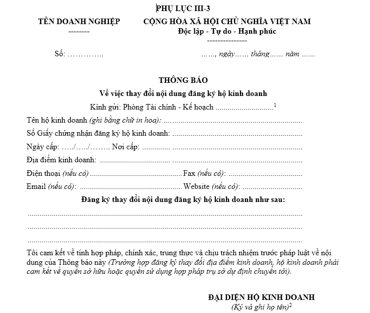Mẫu thông báo về việc thay đổi nội dung đăng ký hộ kinh doanh