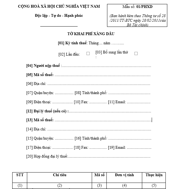 Mẫu tờ khai phí xăng dầu  theo Thông tư số 28/2011/TT-BTC ngày 28/02/2011 của Bộ Tài chính
