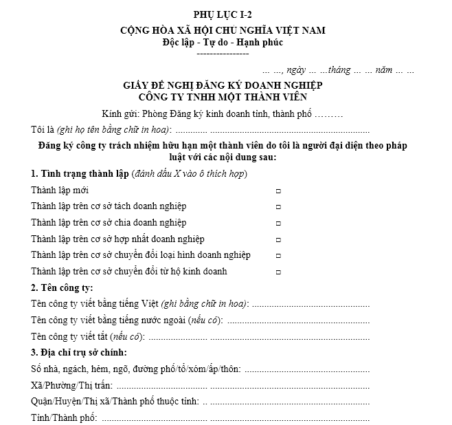 Mẫu giấy đề nghị đăng ký Công ty TNHH một thành viên