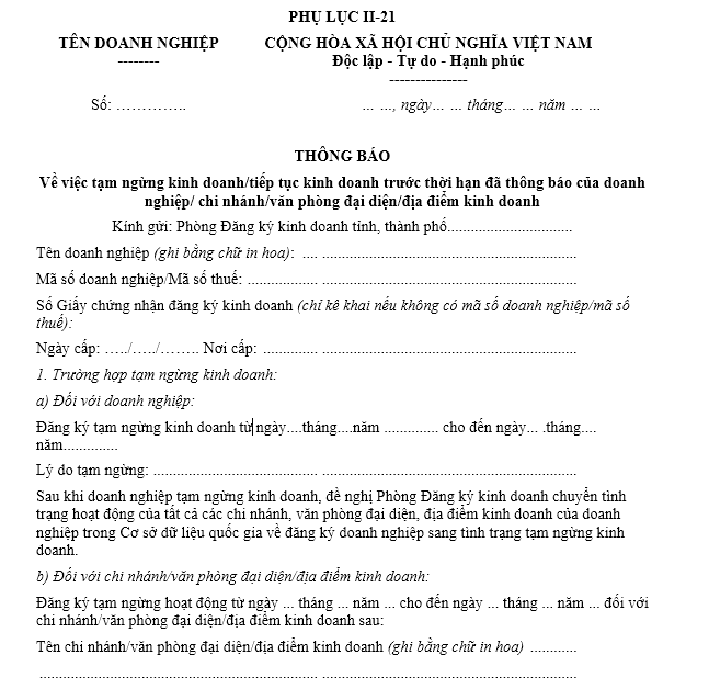 Mẫu thông báo về việc tạm ngừng kinh doanh của hộ kinh doanh