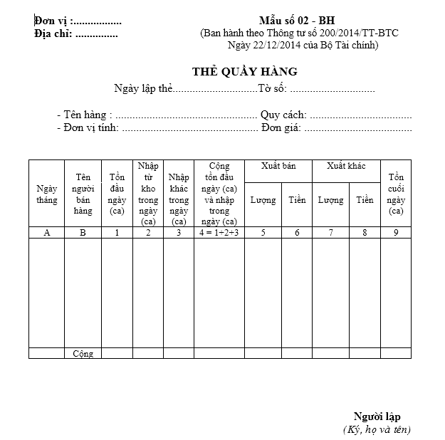 Mẫu thẻ quầy hàng theo TT200/2014/TT-BTC ngày 22/12/2014 của Bộ Tài chính