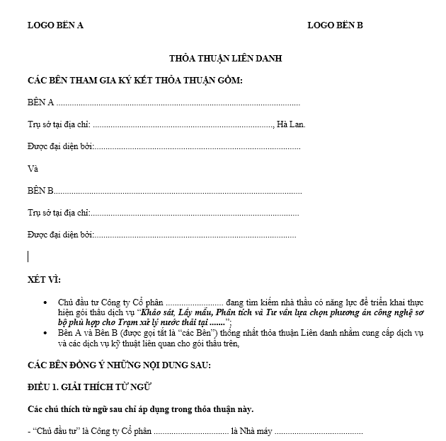 Mẫu thỏa thuận liên danh SONG NGỮ