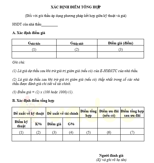Mẫu xác định điểm tổng hợp của hồ sơ dự thầu