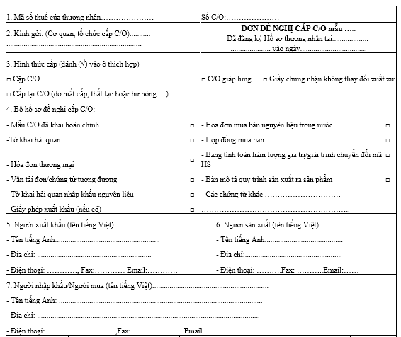 Mẫu đơn đề nghị cấp C.O (Certificate of Origin)