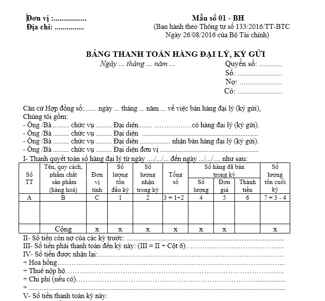 Mẫu Bảng thanh toán hàng đại lý, ký gửi theo TT133/2016/TT-BTC ngày 26/08/2016 của Bộ Tài chính