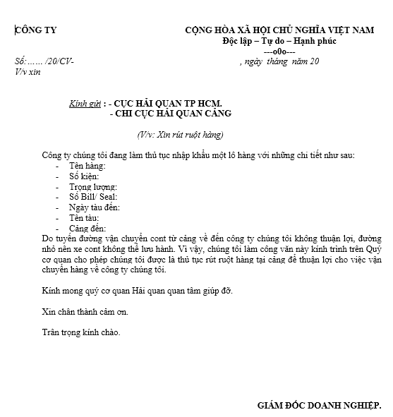 Mẫu công văn xin rút hàng container tại cảng