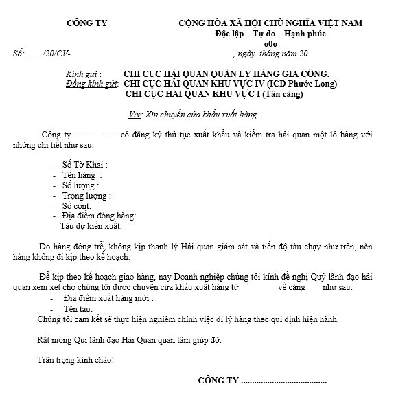 Mẫu công văn thay đổi cửa khẩu xuất hàng