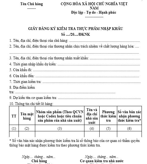 Mẫu giấy đăng ký kiểm tra thực phẩm nhập khẩu
