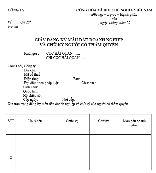 Mẫu giấy đăng ký mẫu dấu doanh nghiệp và chữ ký người có thẩm quyền
