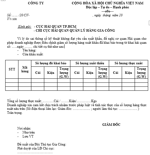 Mẫu công văn xin xuất thiếu hàng xuất khẩu