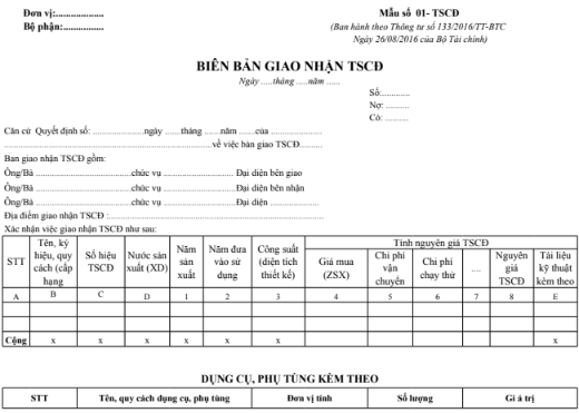 Mẫu biên bản giao nhận TSCĐ theo TT133/2016/TT-BTC ngày 26/08/2016 của Bộ Tài chính