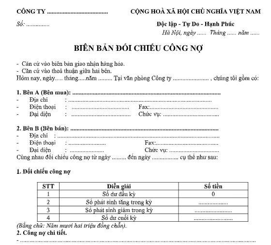 Mẫu biên bản đối chiếu công nợ