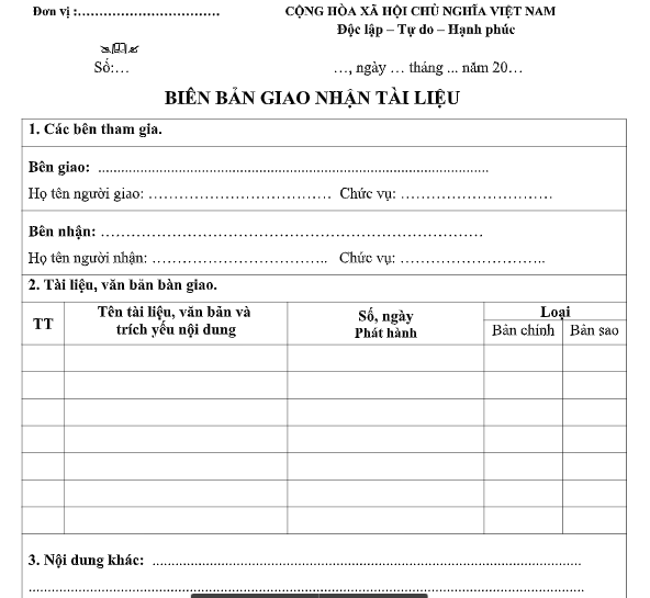 Mẫu biên bản bàn giao tài liệu giữa các bên