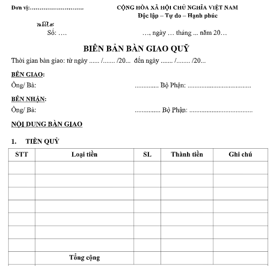 Mẫu biên bản bàn giao quỹ tiền mặt