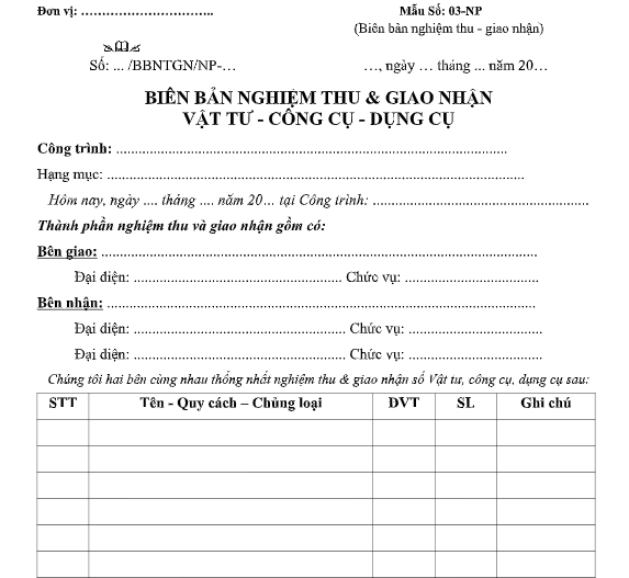 Mẫu biên bản nghiệm thu và giao nhận vật tư, công cụ, dụng cụ
