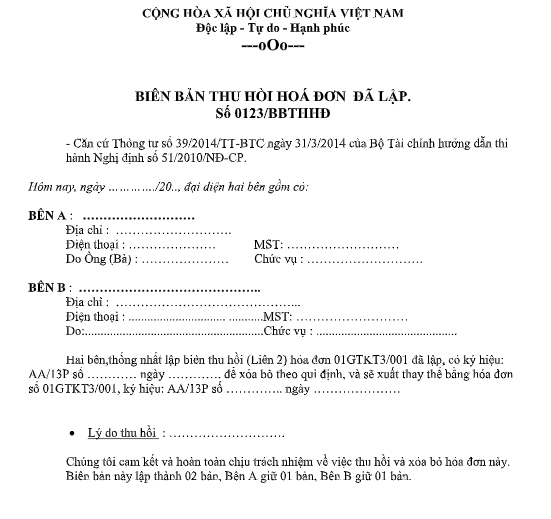 Mẫu biên bản thu hồi hóa đơn đã lập
