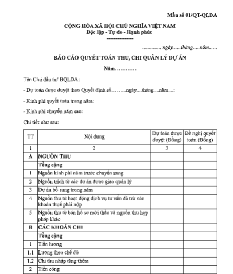 Báo cáo quyết toán thu, chi quản lý dự án