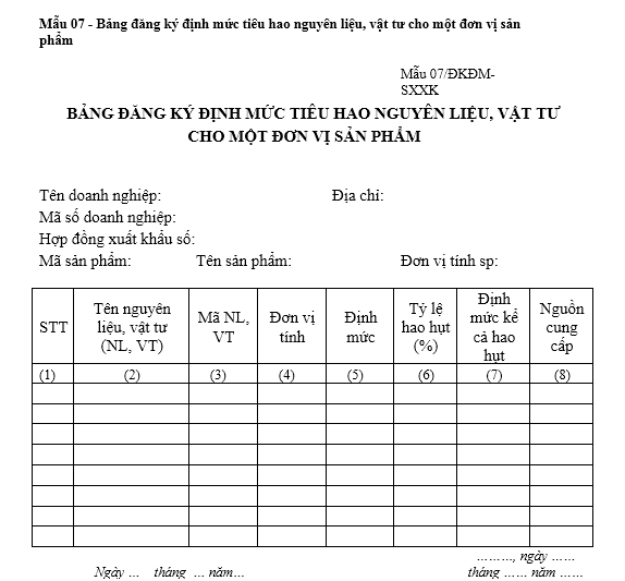 Mẫu 07 - Bảng đăng ký định mức tiêu hao nguyên liệu, vật tư cho một đơn vị sản phẩm