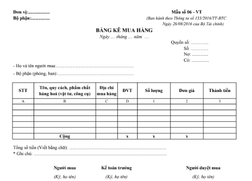Mẫu bảng kê mua hàng theo TT133/2016/TT-BTC ngày 26/08/2016 của Bộ Tài chính