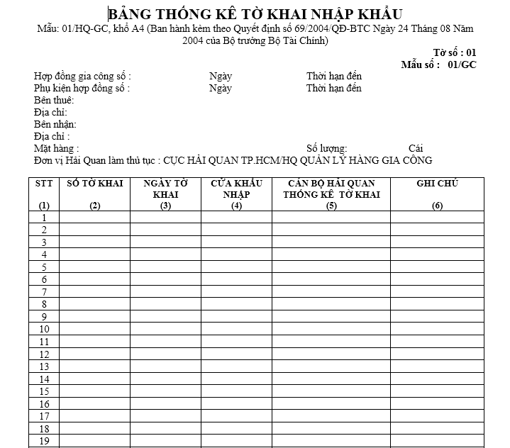Mẫu bảng thống kê tờ khai nhập khẩu