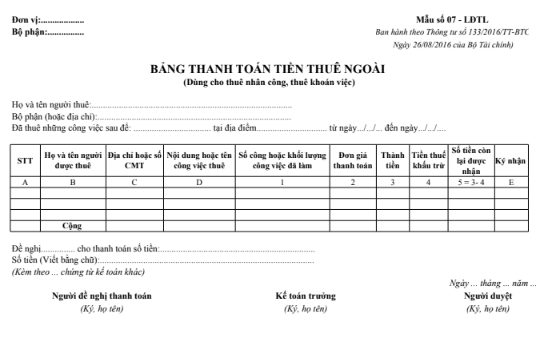 Mẫu bảng thanh toán tiền thuê ngoài  theo TT133/2016/TT-BTC ngày 26/08/2016 của Bộ Tài chính