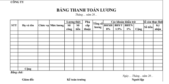 Mẫu bảng thanh toán tiền lương bằng Excel