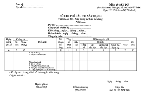 Mẫu sổ chi phí đầu tư xây dựng theo TT200/2014/TT-BTC ngày 22/12/2014 của Bộ Tài chính