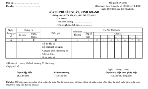 Mẫu sổ chi phí sản xuất kinh doanh theo TT133/2016/TT-BTC ngày 26/08/2016 của Bộ Tài chính