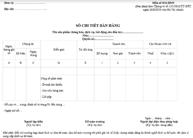 Mẫu sổ chi tiết bán hàng theo TT133/2016/TT-BTC ngày 26/08/2016 của Bộ Tài chính