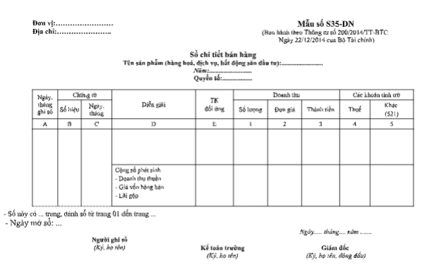 Mẫu sổ chi tiết bán hàng theo TT200/2014/TT-BTC ngày 22/12/2014 của Bộ Tài chính
