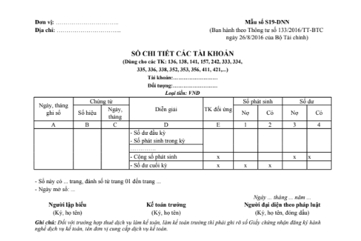 Mẫu sổ chi tiết các tài khoản theo TT133/2016/TT-BTC ngày 26/08/2016 của Bộ Tài chính
