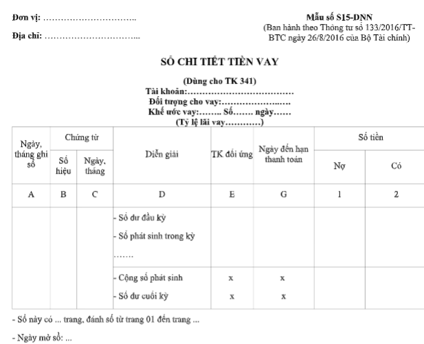 Mẫu sổ chi tiết tiền vay theo TT133/2016/TT-BTC ngày 16/08/2016 của Bộ Tài chính