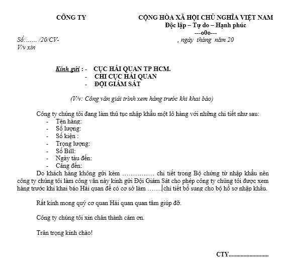 Mẫu công văn xin kiểm tra hàng trước khi khai báo hải quan