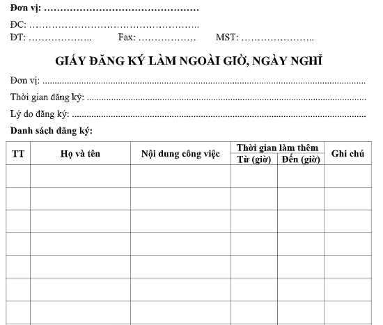 Mẫu đăng ký làm ngoài giờ, ngày nghỉ